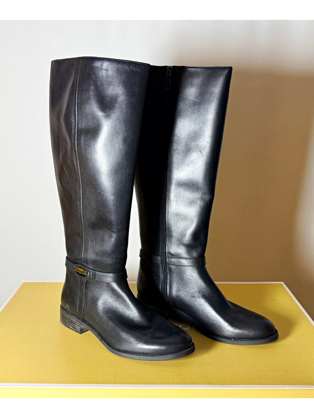 MICHAEL Michael Kors Finley Boot Women Black Leather Knee High Riding Zip 8.5 M
